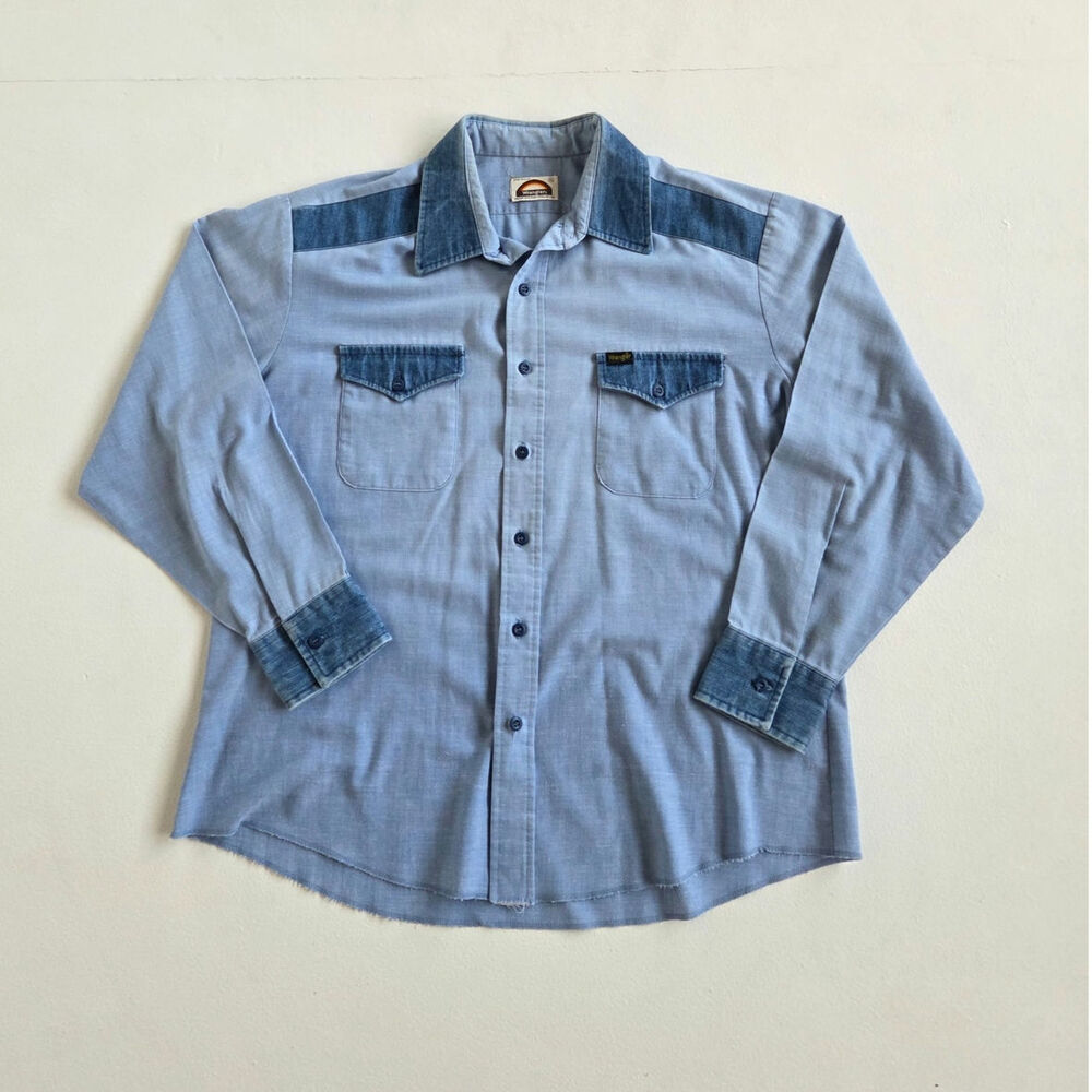 Vintage Wrangler XL Made USA Blue Denim Trim Shirt Earth Tone Rainbow Label Rare